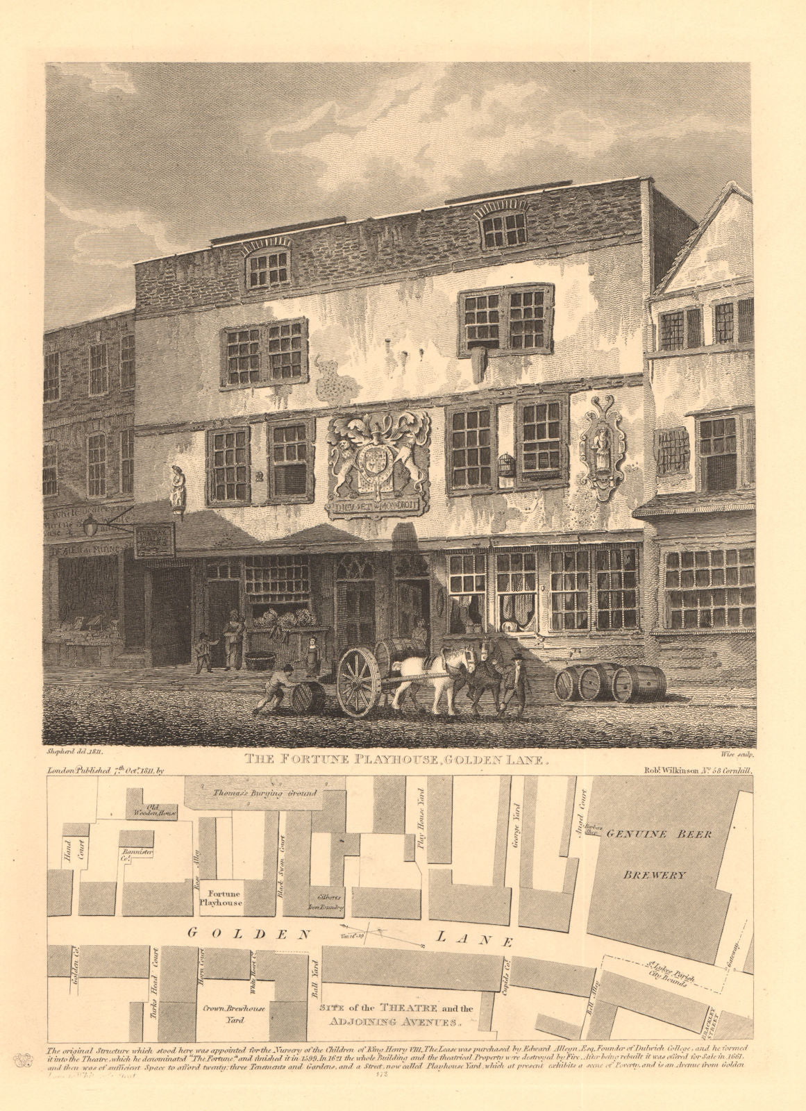 FORTUNE PLAYHOUSE and plan of GOLDEN LANE. Fortune St. City of London 1834 map